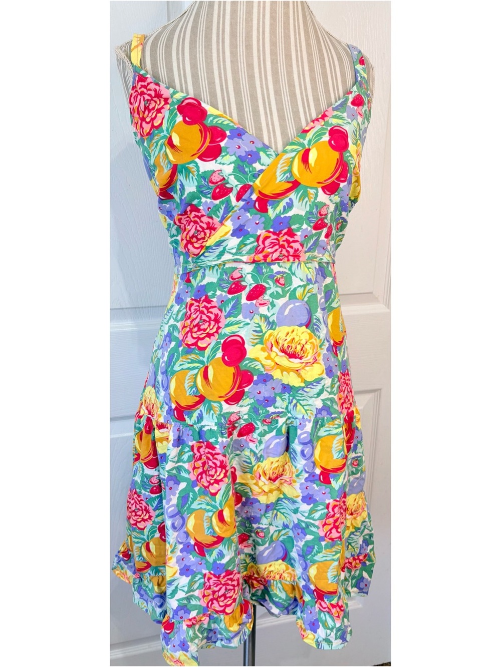 Vintage 80s Handmade Summer Fruit Tiered Mini Dress Medium